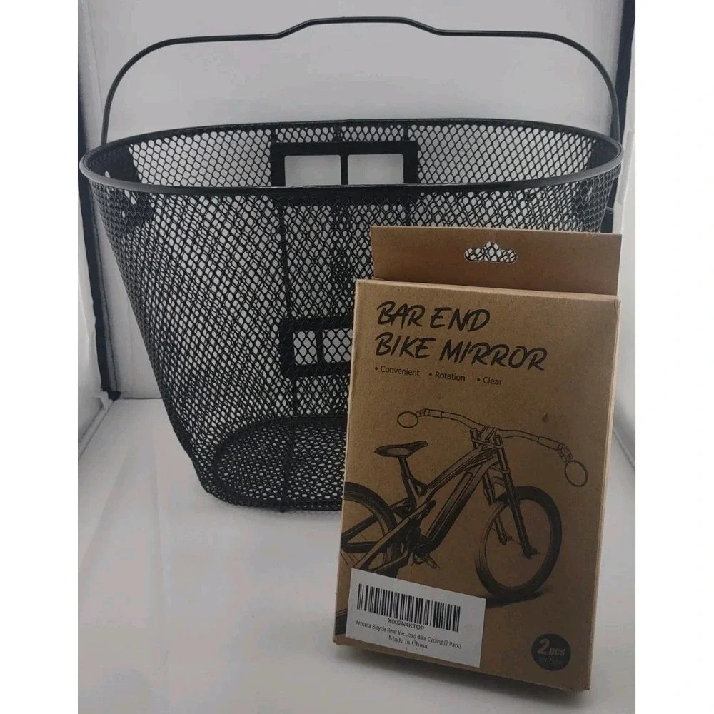 Detachable‎ Black Mesh Bike Basket With Handle. Plus A Set Bar End Bike Mirrors.